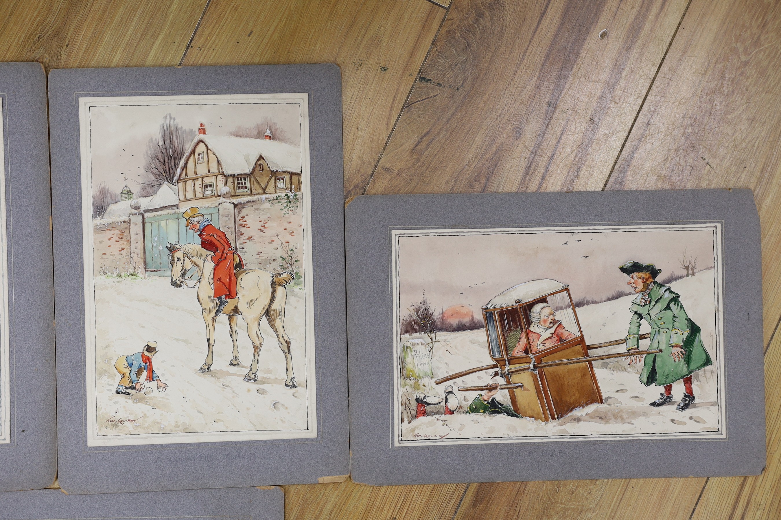 Tom Kennedy, five ink and watercolour studies, Old English hunting scenes, 24 x 15cm, unframed